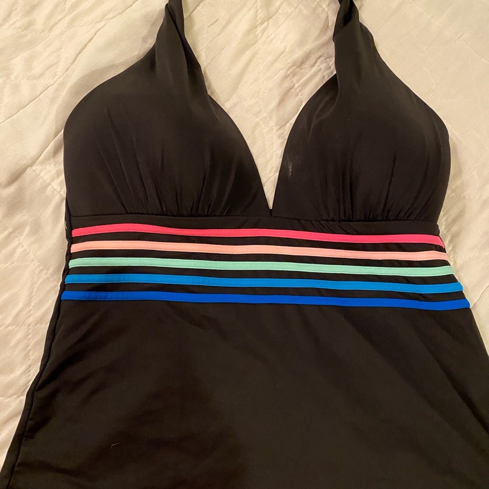 Black tankini top with bright stripes
